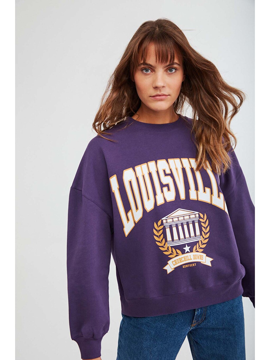 Ramona Kadın Oversize Yumuşacık İçi Polarlı Organik Pamuklu Baskılı Yuvarlak Yakalı Mor Sweatshirt-2