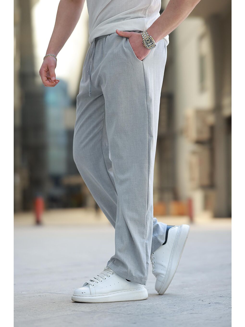 Gri  Beli Ayarlanabilir Rahat Kesim Erkek Pantolon E6564-2