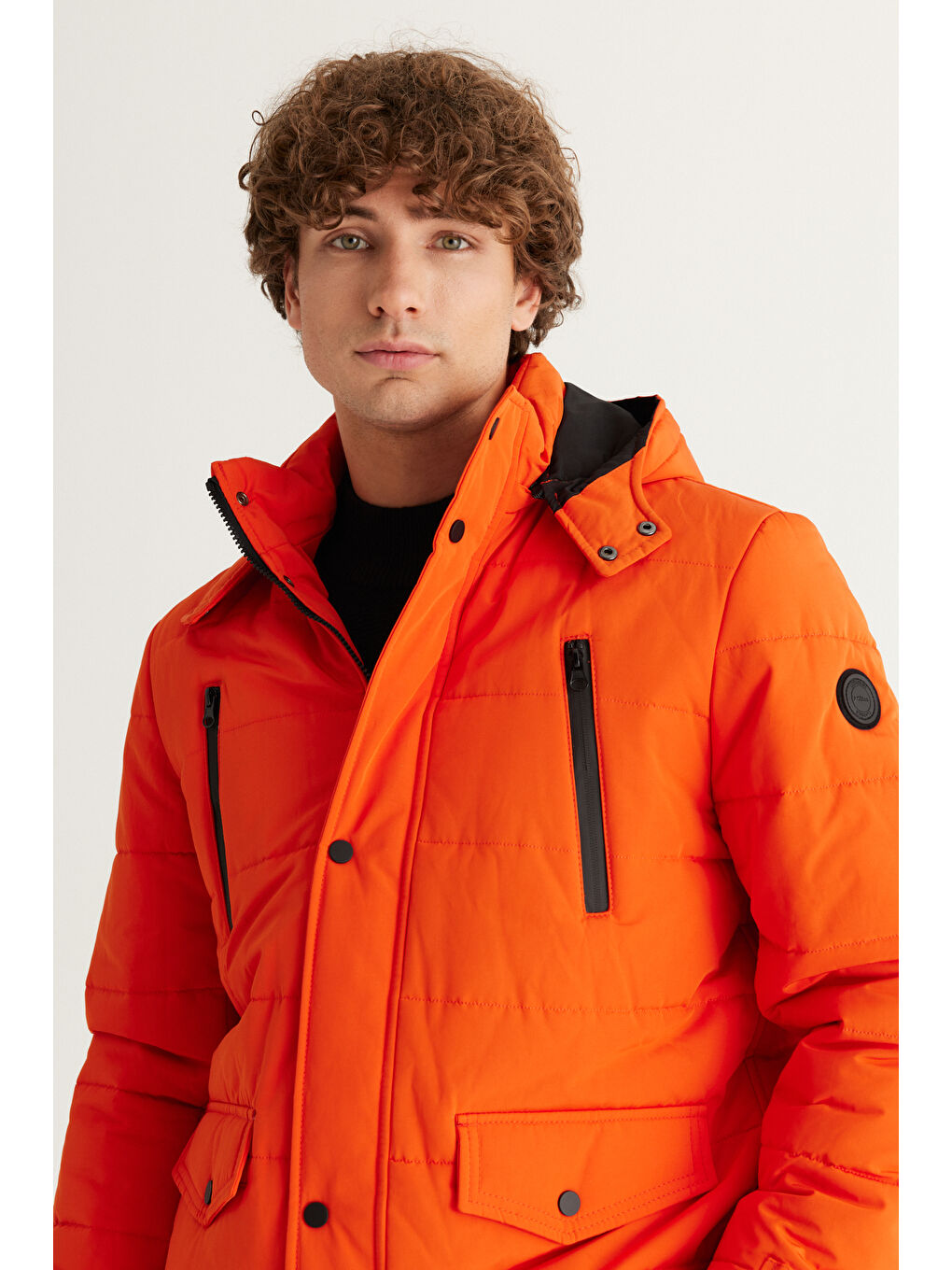 Erkek Turuncu Standart Fit Normal Kesim Dik Yaka Soğuk Geçirmez Outdoor Kaban-3