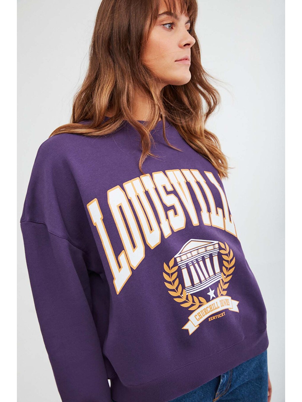 Ramona Kadın Oversize Yumuşacık İçi Polarlı Organik Pamuklu Baskılı Yuvarlak Yakalı Mor Sweatshirt-3
