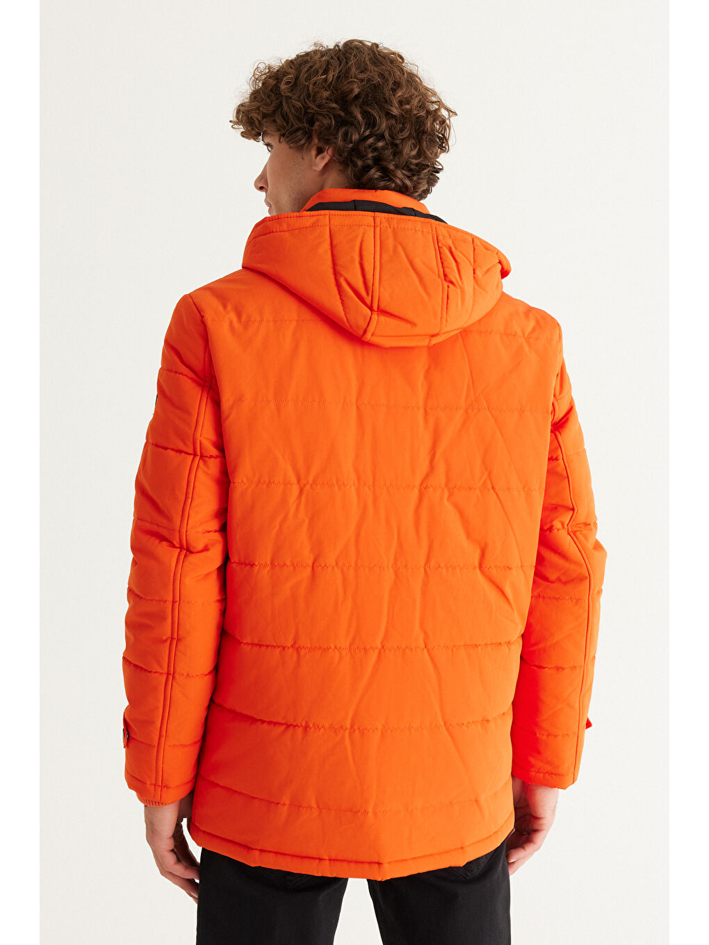 Erkek Turuncu Standart Fit Normal Kesim Dik Yaka Soğuk Geçirmez Outdoor Kaban-5