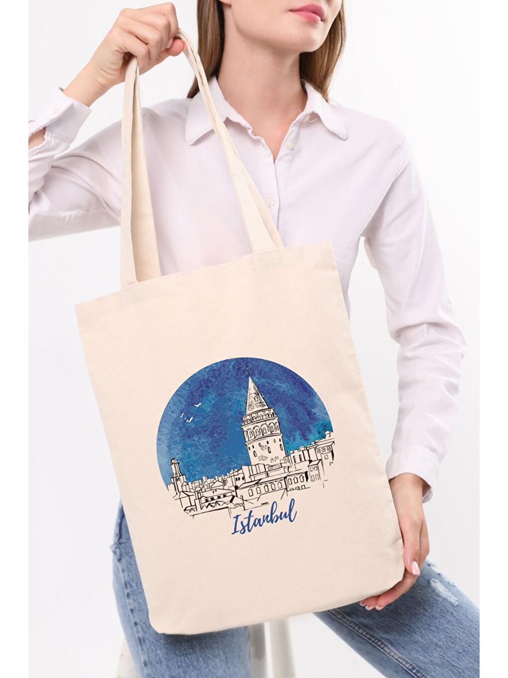 Ekru Kanvas İstanbul Gece Baskılı Bez Çanta-2