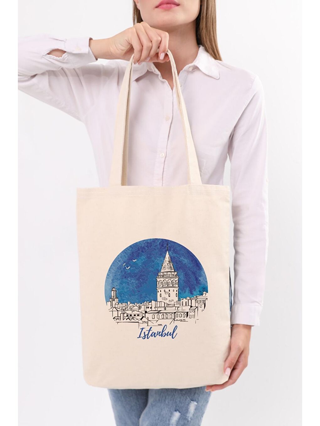 Ekru Kanvas İstanbul Gece Baskılı Bez Çanta-3