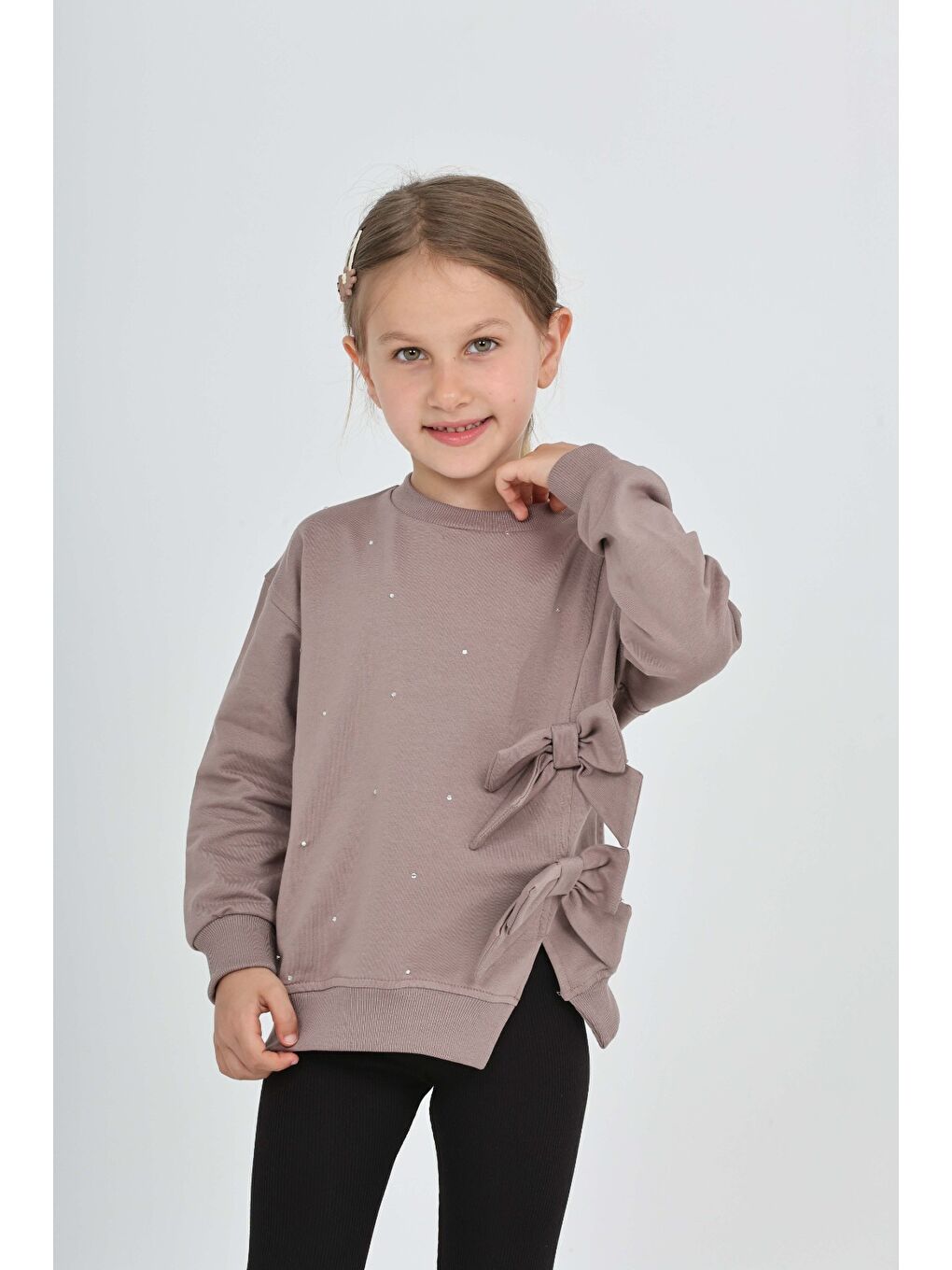 Kahverengi Kız Çocuk Taşlı Fiyonklu Sweatshirt-1