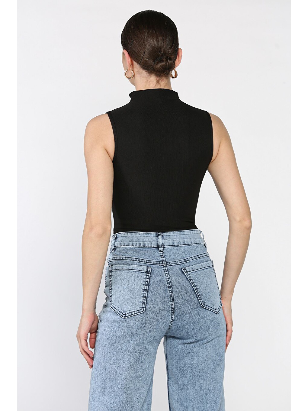 Siyah Kadın Yarım Fermuarlı Fitilli Crop Top Bluz-2