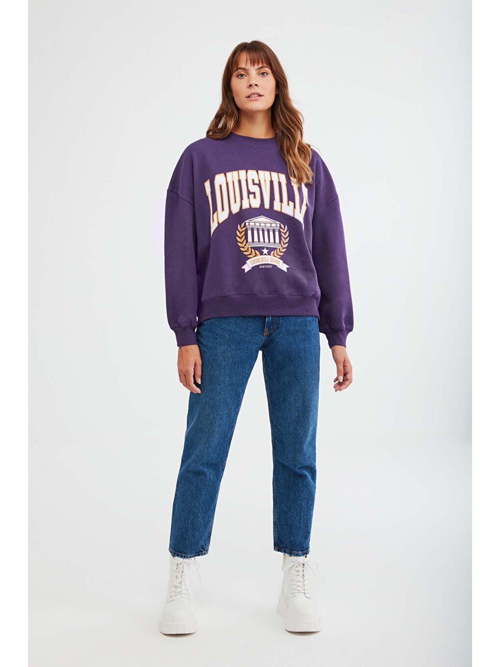 Ramona Kadın Oversize Yumuşacık İçi Polarlı Organik Pamuklu Baskılı Yuvarlak Yakalı Mor Sweatshirt-4
