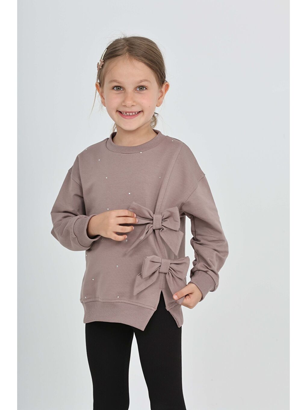 Kahverengi Kız Çocuk Taşlı Fiyonklu Sweatshirt-2