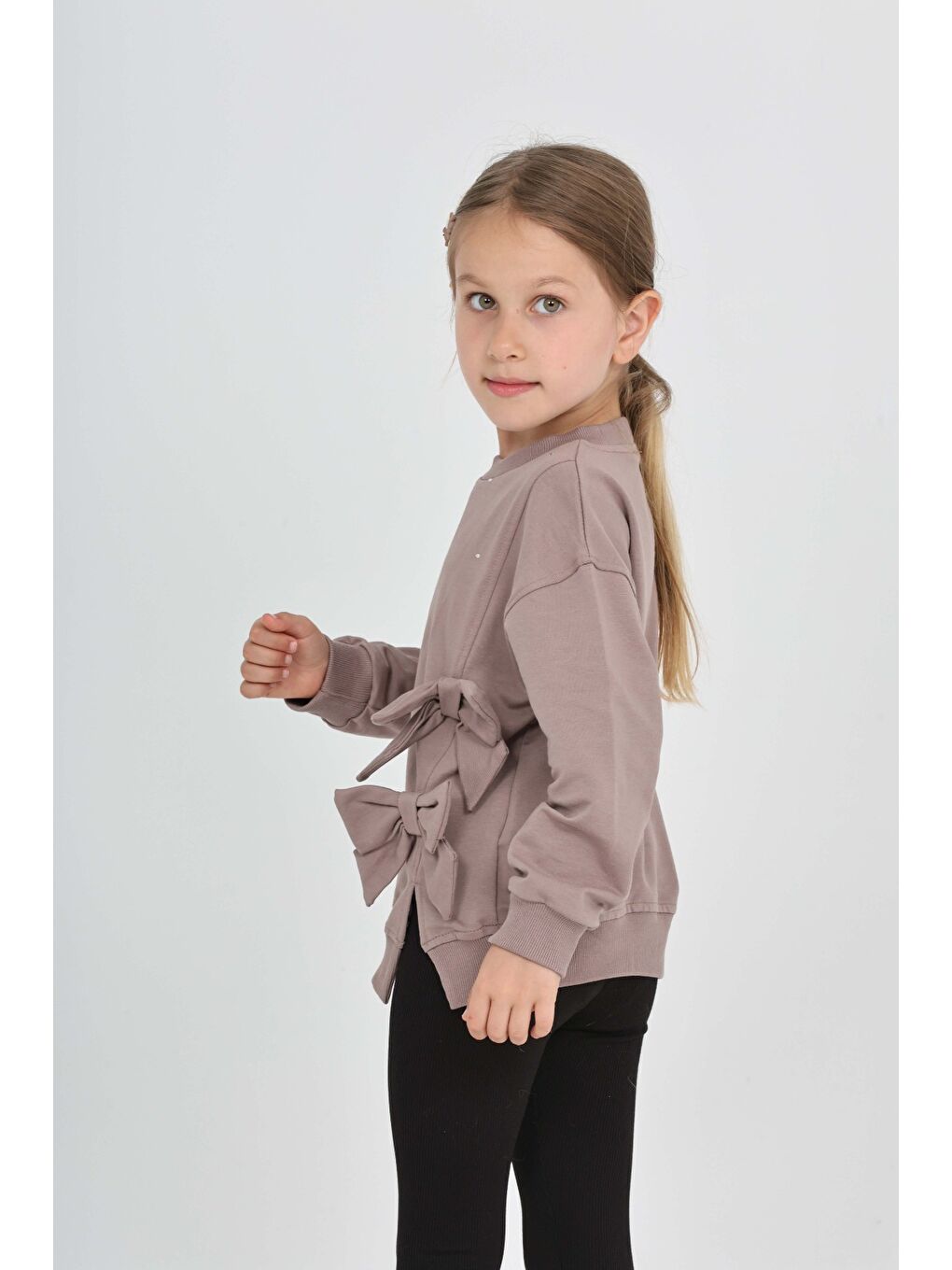 Kahverengi Kız Çocuk Taşlı Fiyonklu Sweatshirt-3