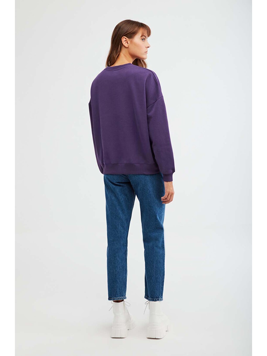Ramona Kadın Oversize Yumuşacık İçi Polarlı Organik Pamuklu Baskılı Yuvarlak Yakalı Mor Sweatshirt-5