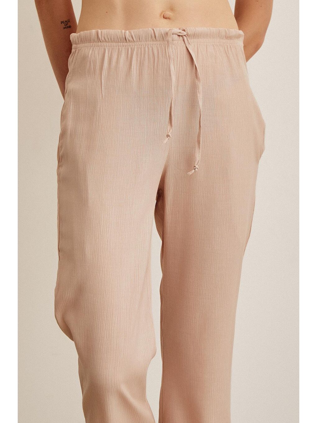 Pembe Beli Lastikli Biyeli Yüksek Bel Pantolon