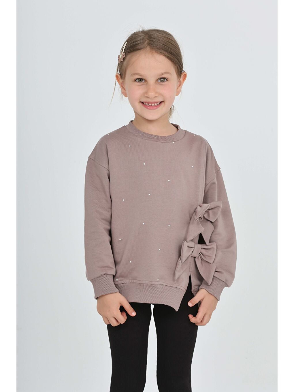 Kahverengi Kız Çocuk Taşlı Fiyonklu Sweatshirt-4