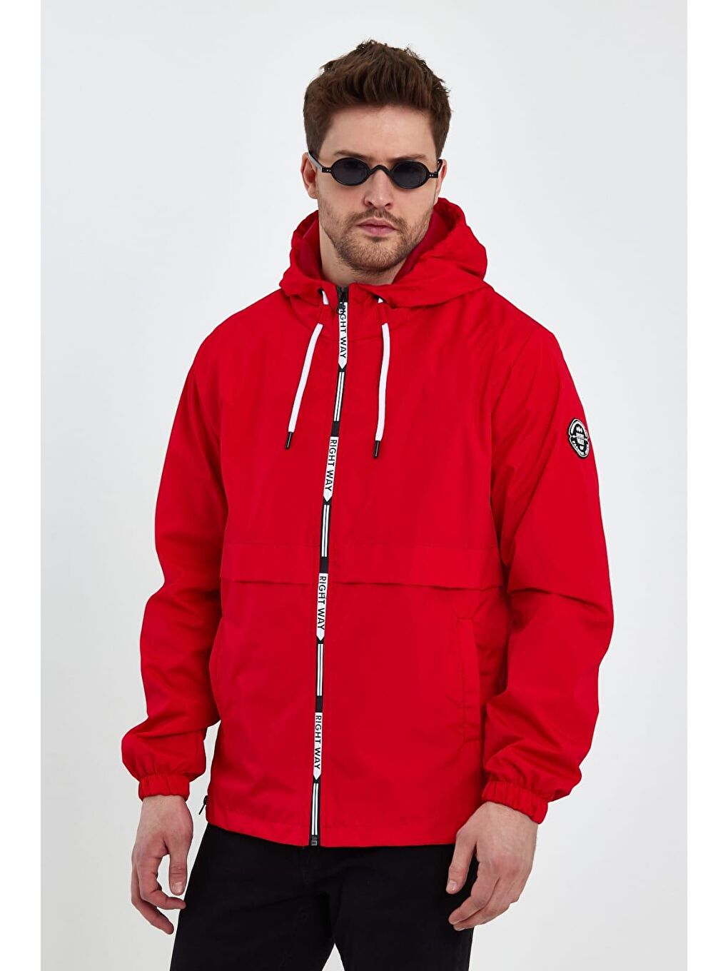 Erkek Baskılı Kapüşonlu Kırmızı Rüzgarlık & Yağmurluk-3