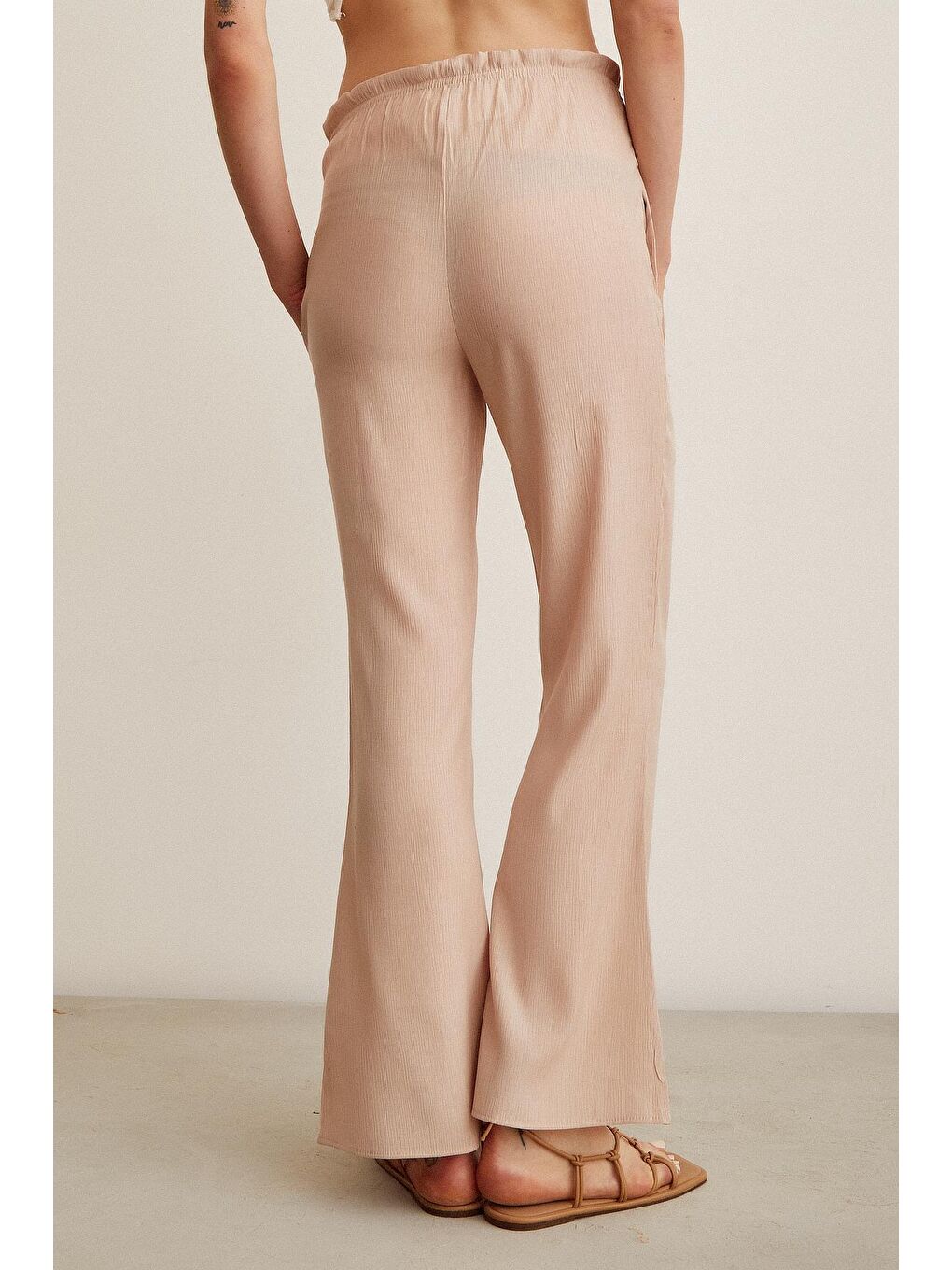 Pembe Beli Lastikli Biyeli Yüksek Bel Pantolon-1