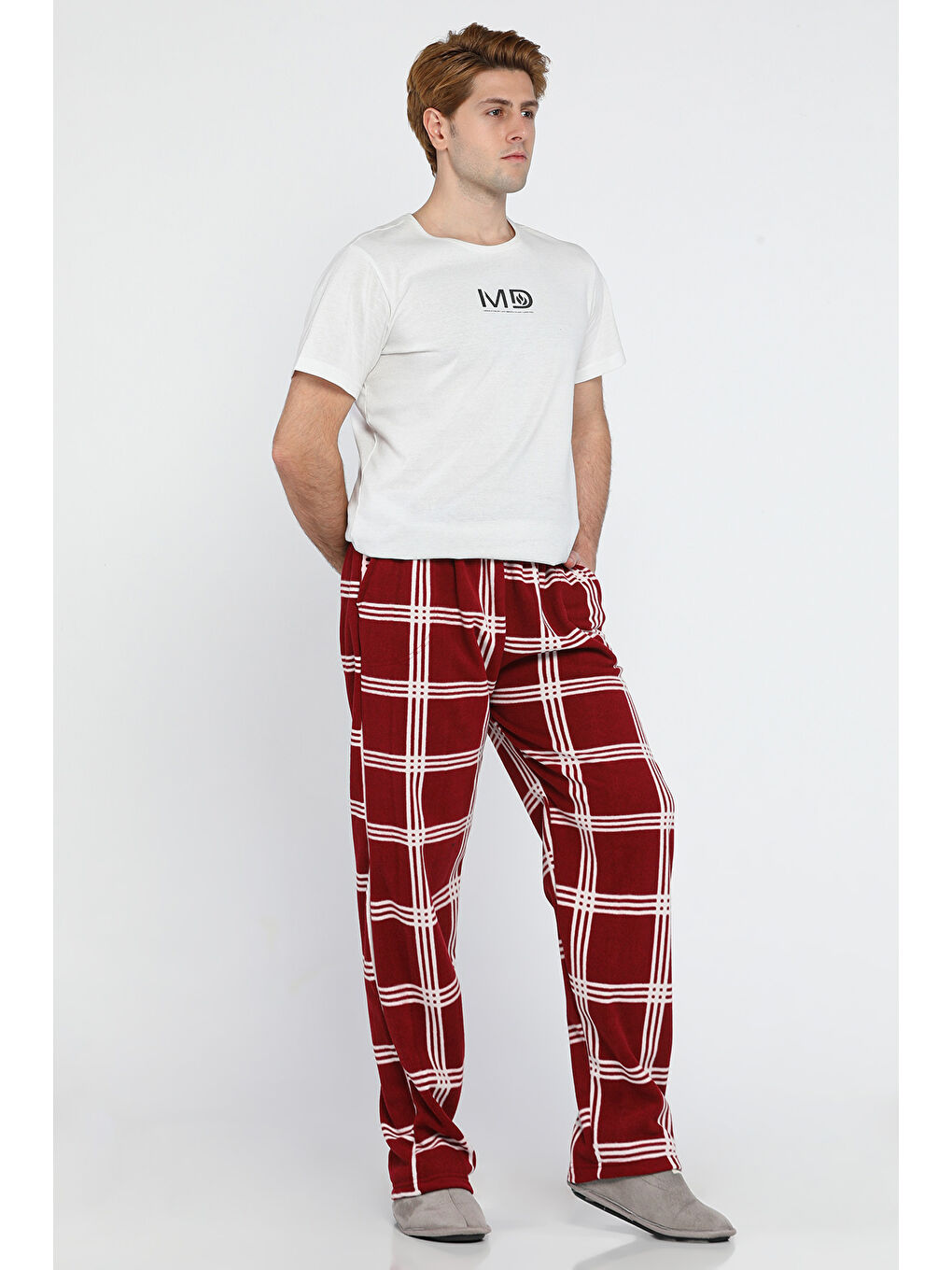 Bordo Erkek Ekose Desenli Polar Pijama Altı