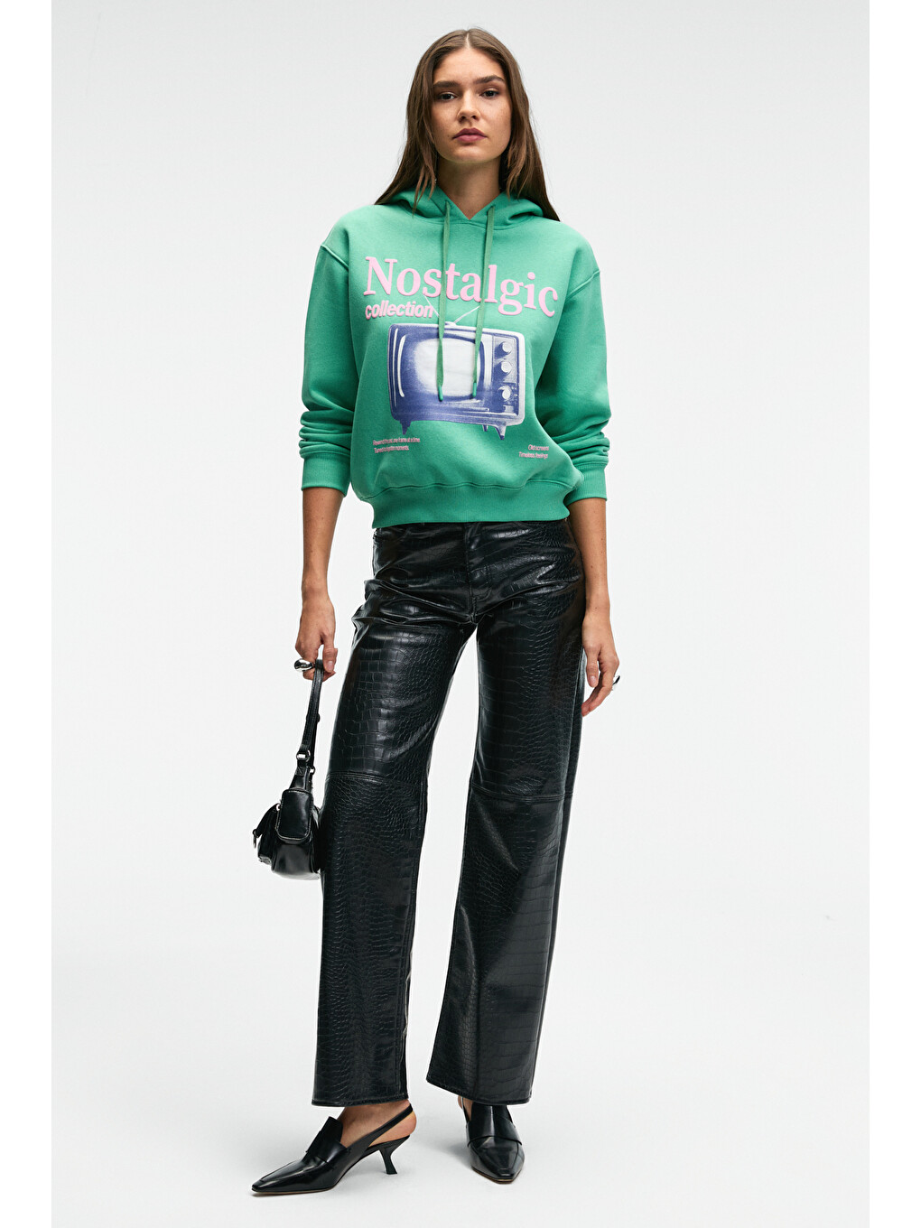 Slopane Kadın Rahat Kesim Kapüşonlu Baskılı Yeşil Sweatshirt-3
