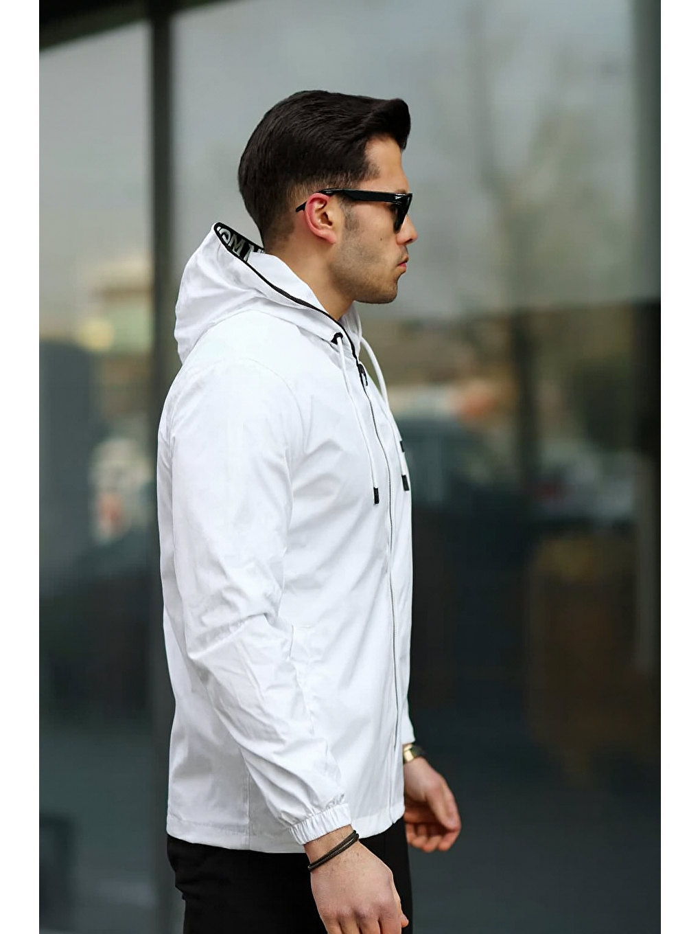 Erkek Fermuarlı Kapüşonlu Beyaz Rüzgarlık & Yağmurluk-1