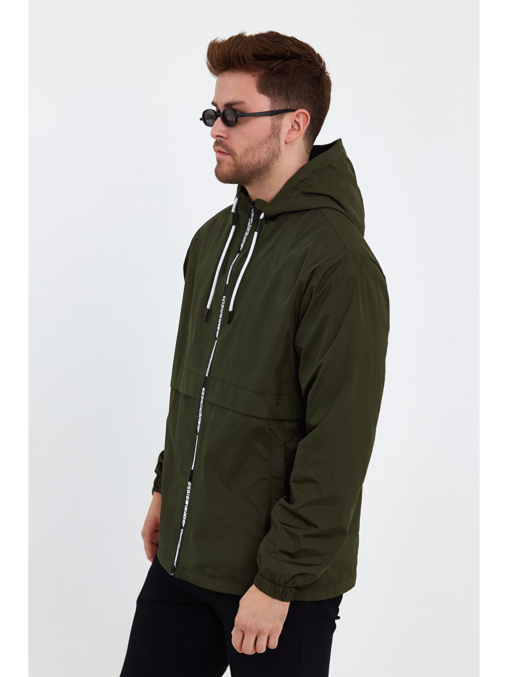 Erkek Baskılı Kapüşonlu Haki Rüzgarlık & Yağmurluk-1
