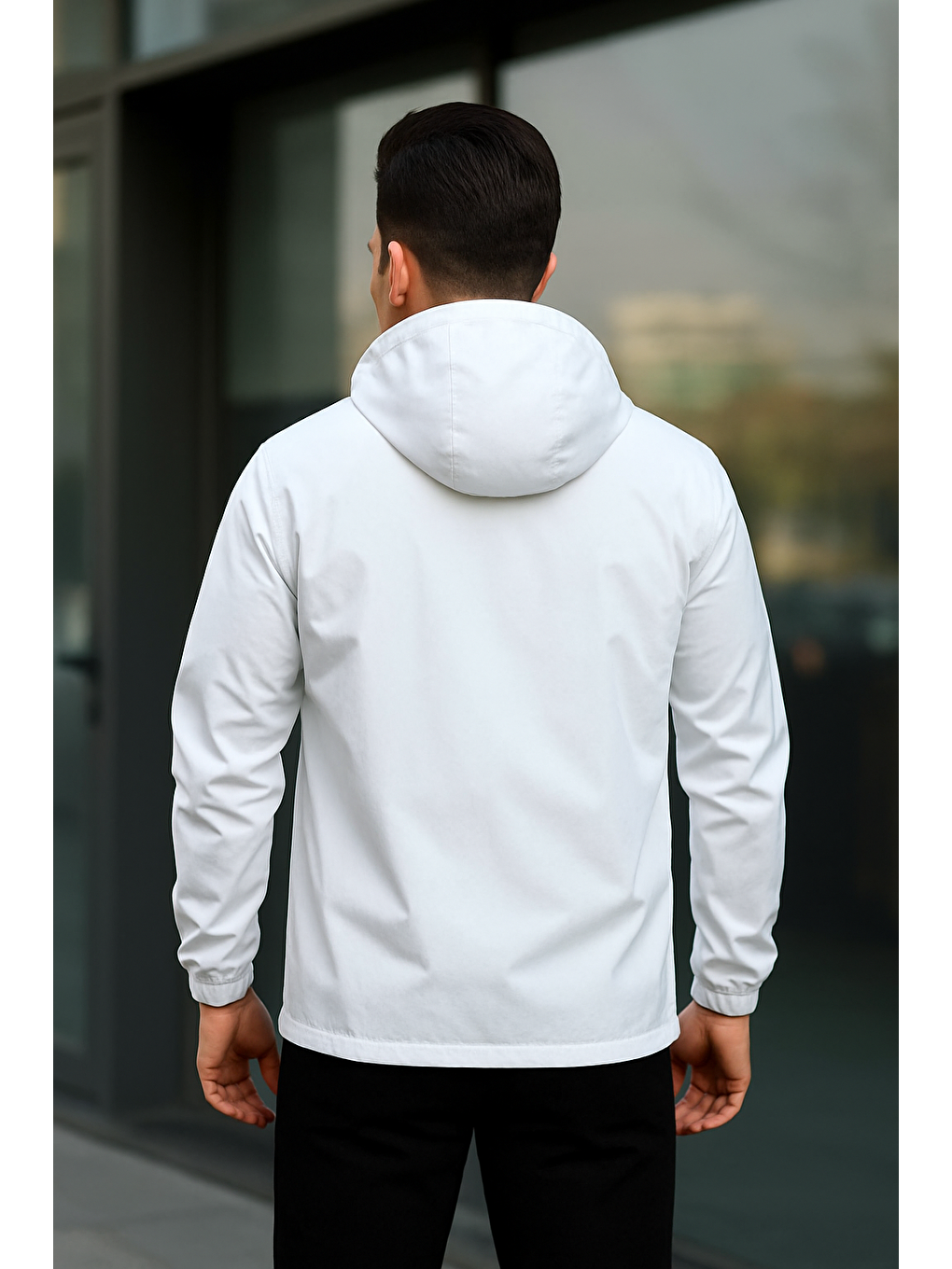 Erkek Fermuarlı Kapüşonlu Beyaz Rüzgarlık & Yağmurluk-2