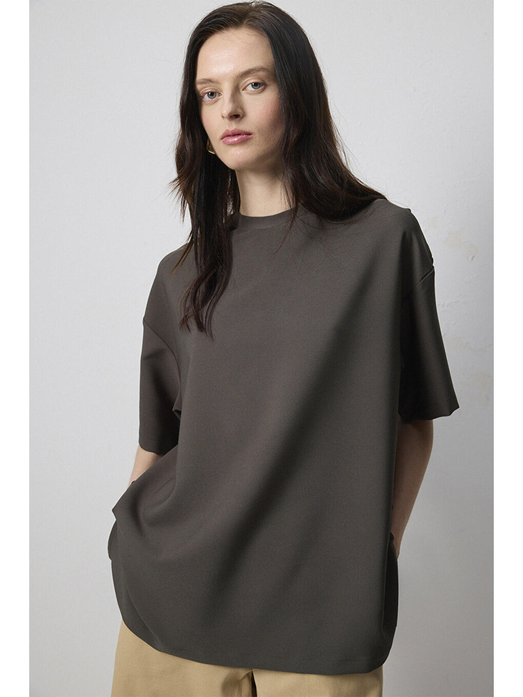 Haki Kısa Kollu Krep T-Shırt-1