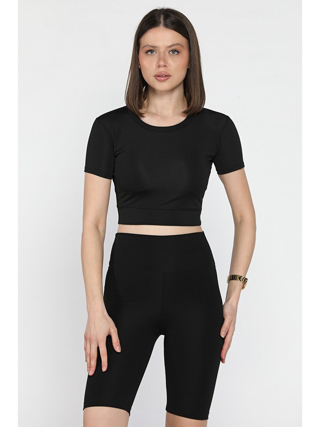 Siyah Kadın Bisiklet Yaka Elastanlı Crop Top Bluz