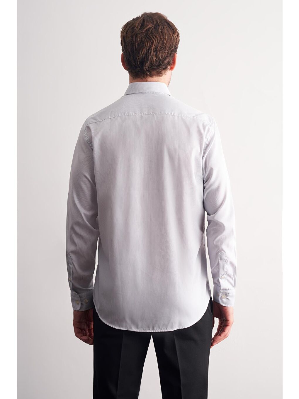 Beyaz - Gri Yarım İtalyan Yaka Çizgili Desen Uzun Kol Premium Slim Fit %100 Pamuk Gömlek 1004255191-4