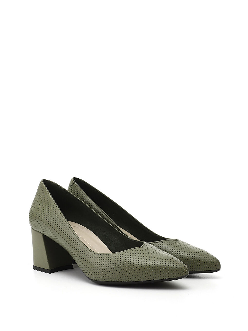 Yeşil Kadın YEŞİL Sivri Burun Orta Kalın Topuklu Hakiki Deri Ayakkabı-1