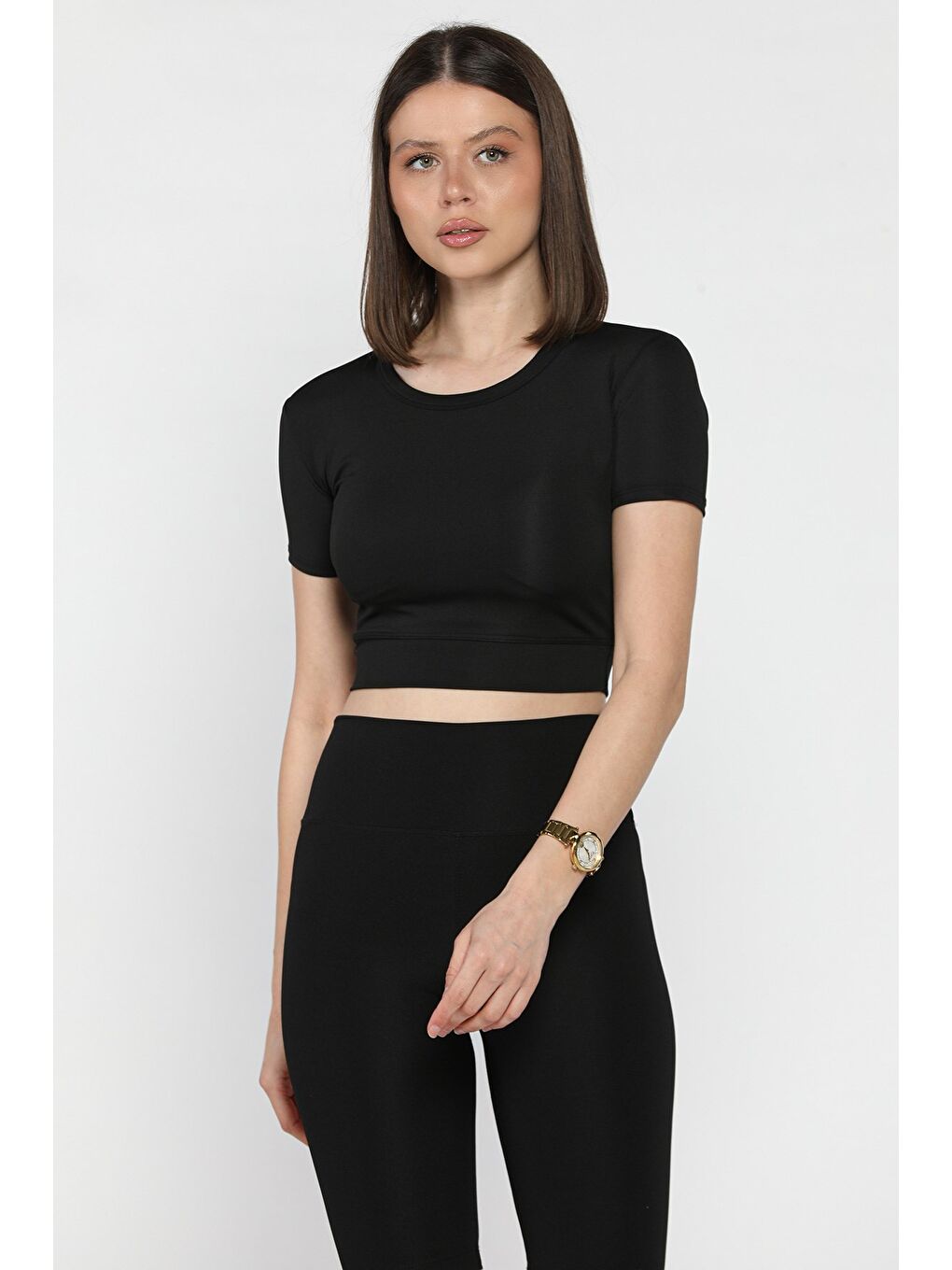 Siyah Kadın Bisiklet Yaka Elastanlı Crop Top Bluz-1
