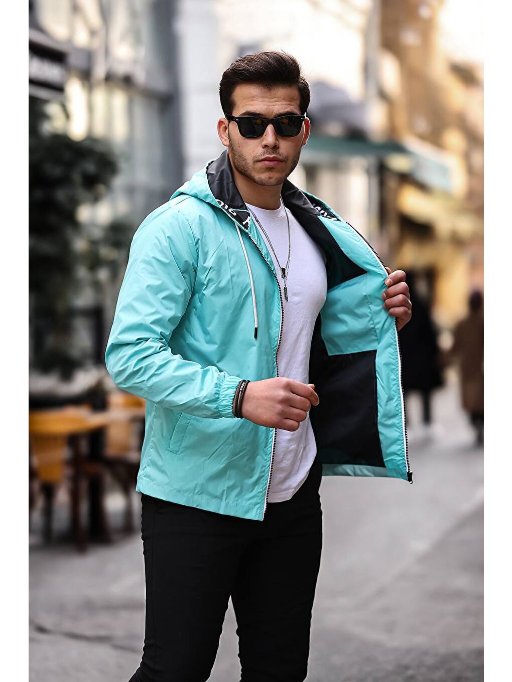 Yeşil Erkek Fermuarlı Kapüşonlu Mint Rüzgarlık & Yağmurluk-1
