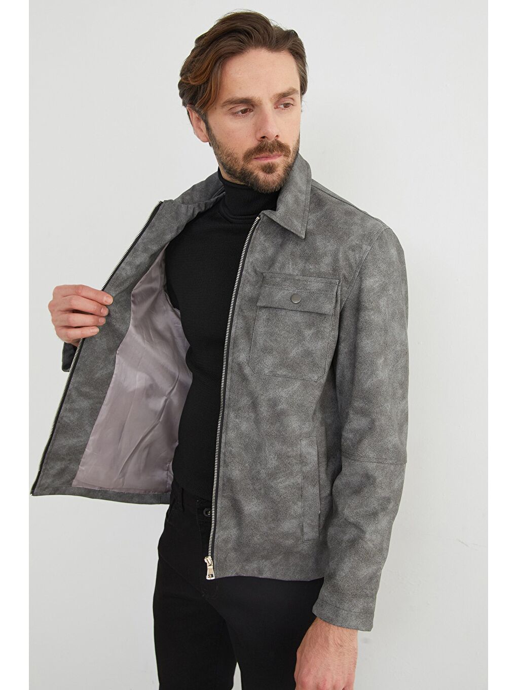 Gri Cepli Suni Deri Ceket-1