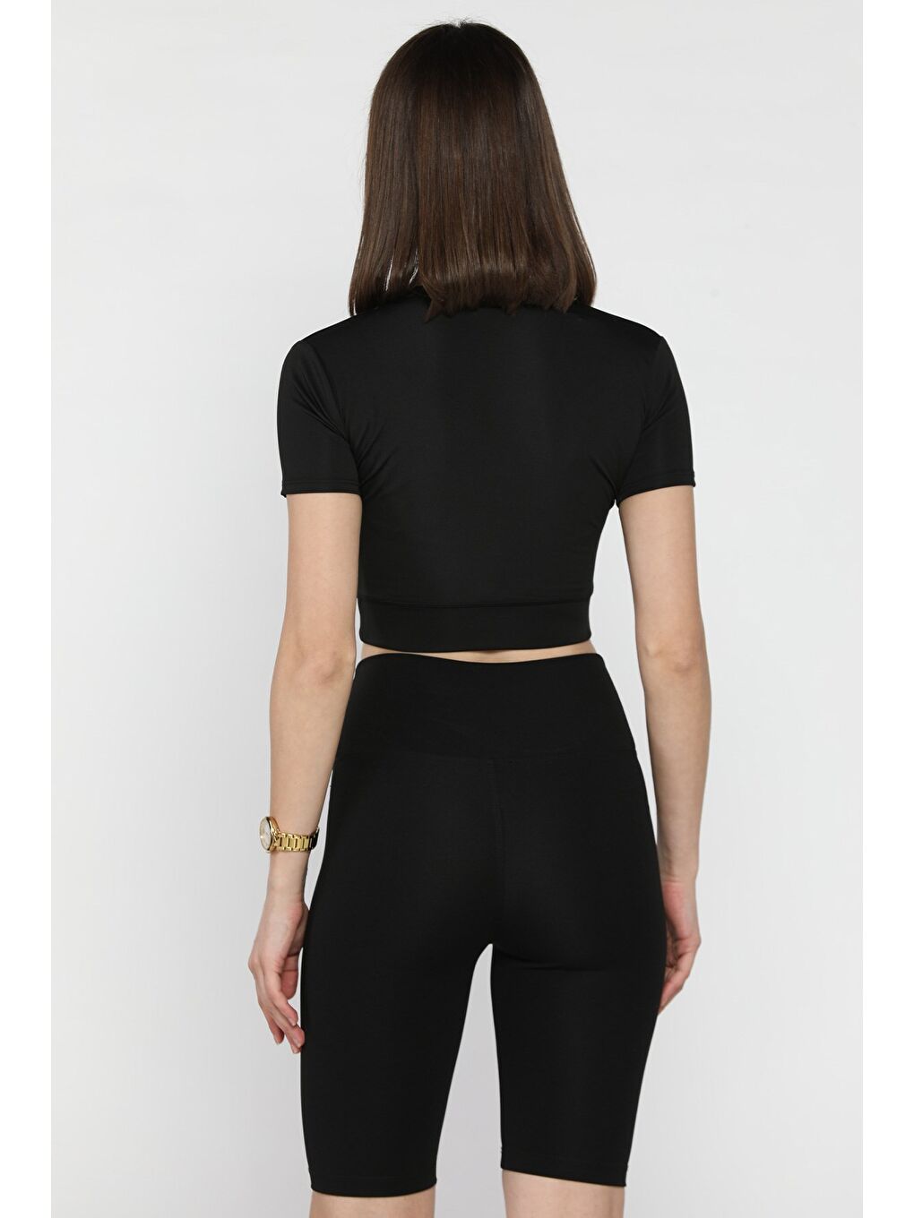 Siyah Kadın Bisiklet Yaka Elastanlı Crop Top Bluz-2