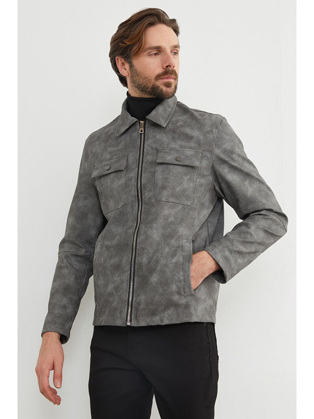 Gri Cepli Suni Deri Ceket-2