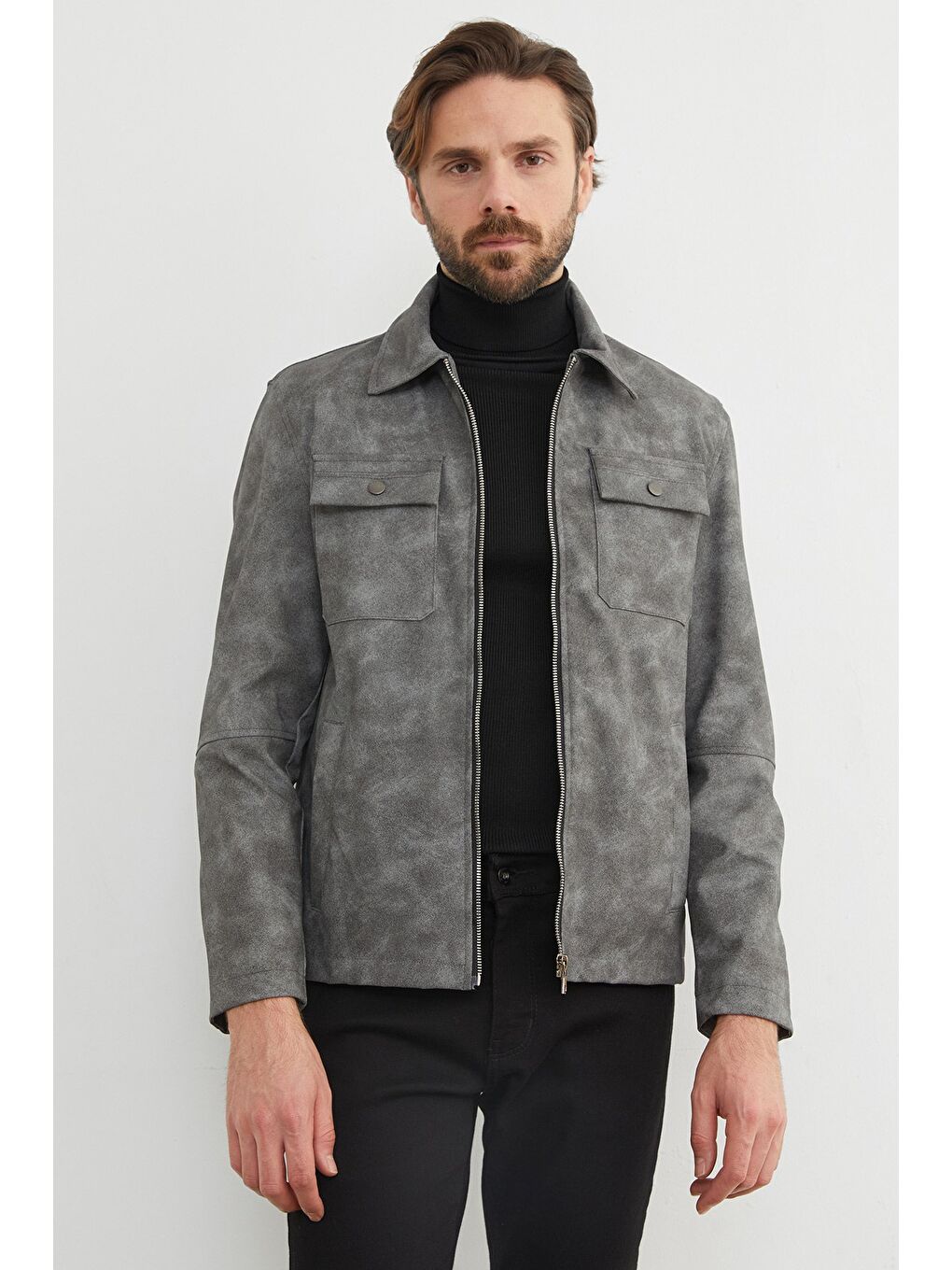 Gri Cepli Suni Deri Ceket-3