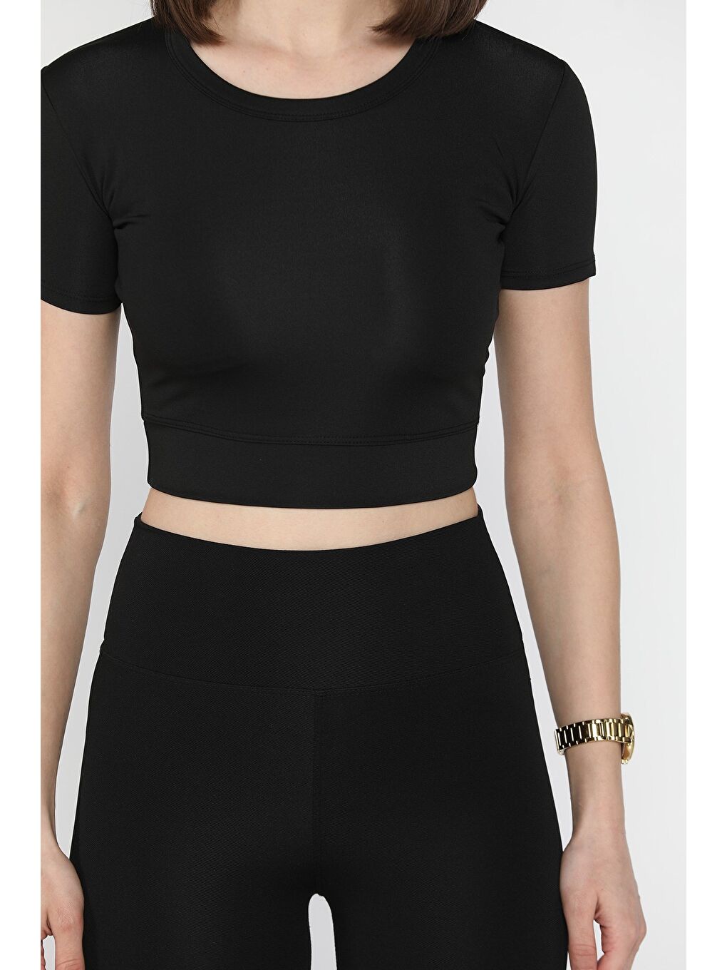Siyah Kadın Bisiklet Yaka Elastanlı Crop Top Bluz-3