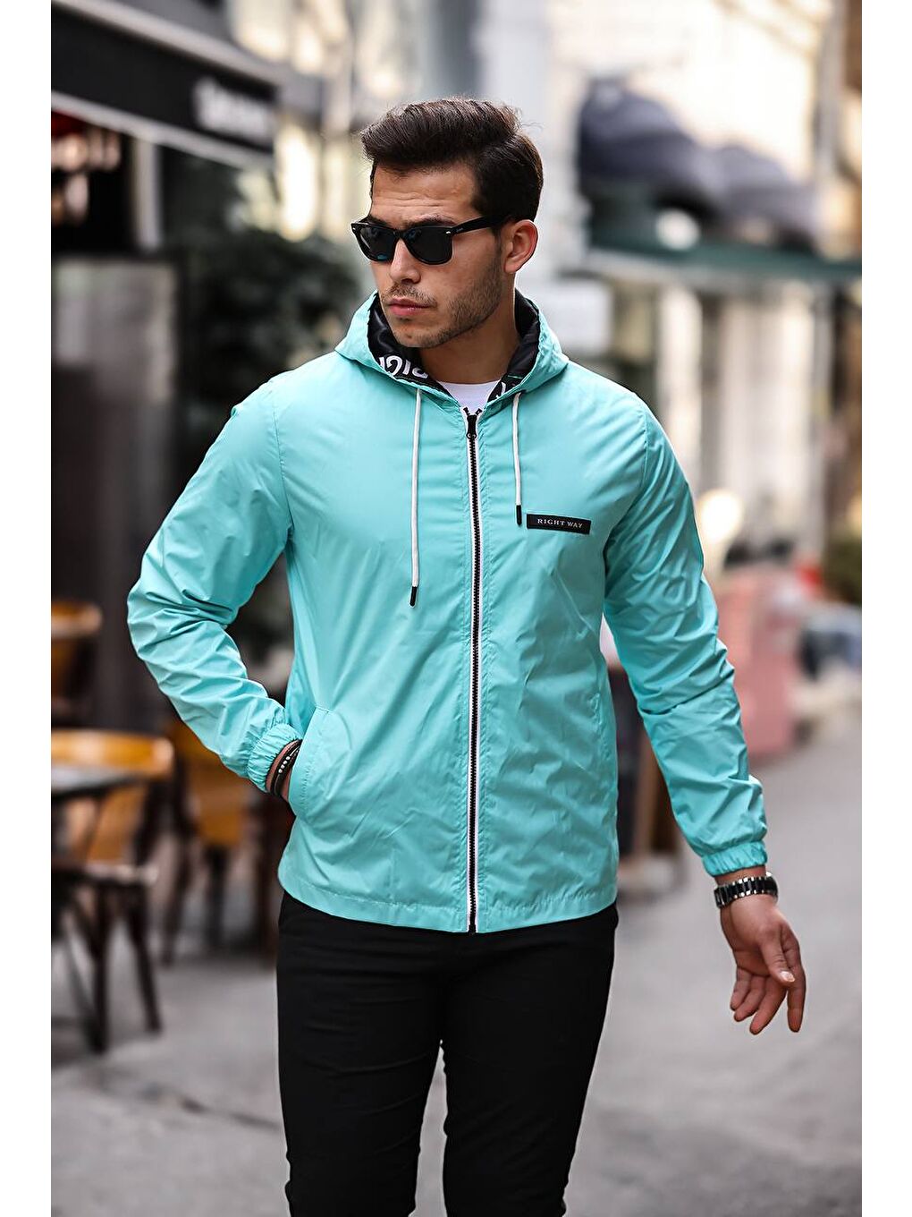 Yeşil Erkek Fermuarlı Kapüşonlu Mint Rüzgarlık & Yağmurluk-2