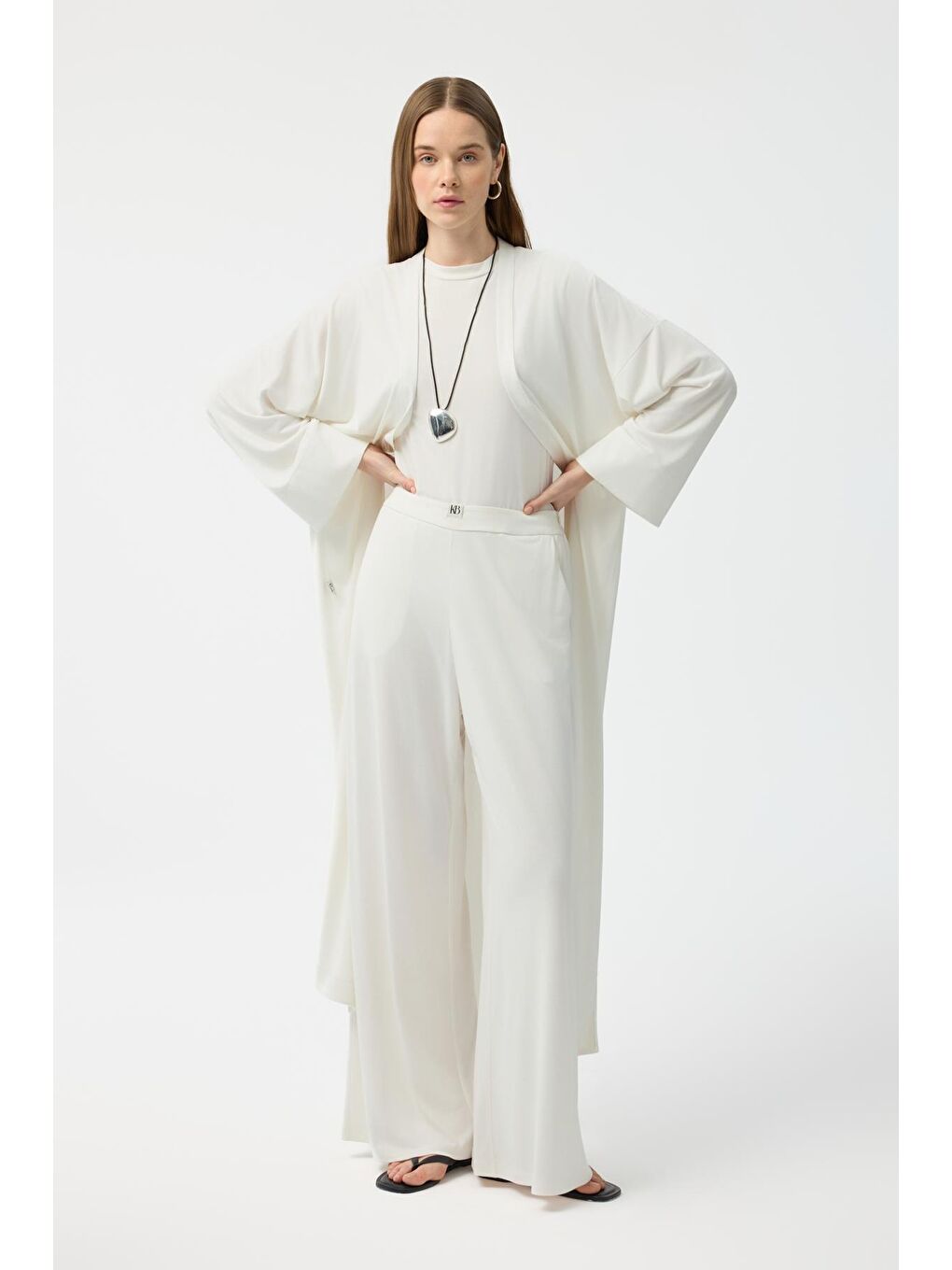 Modal Cupra Pantolon Bluz Abaya Takım Ekru