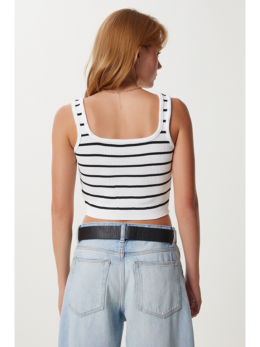 Beyaz Çizgili Crop Triko Bluz BEYAZ LYY0009-4