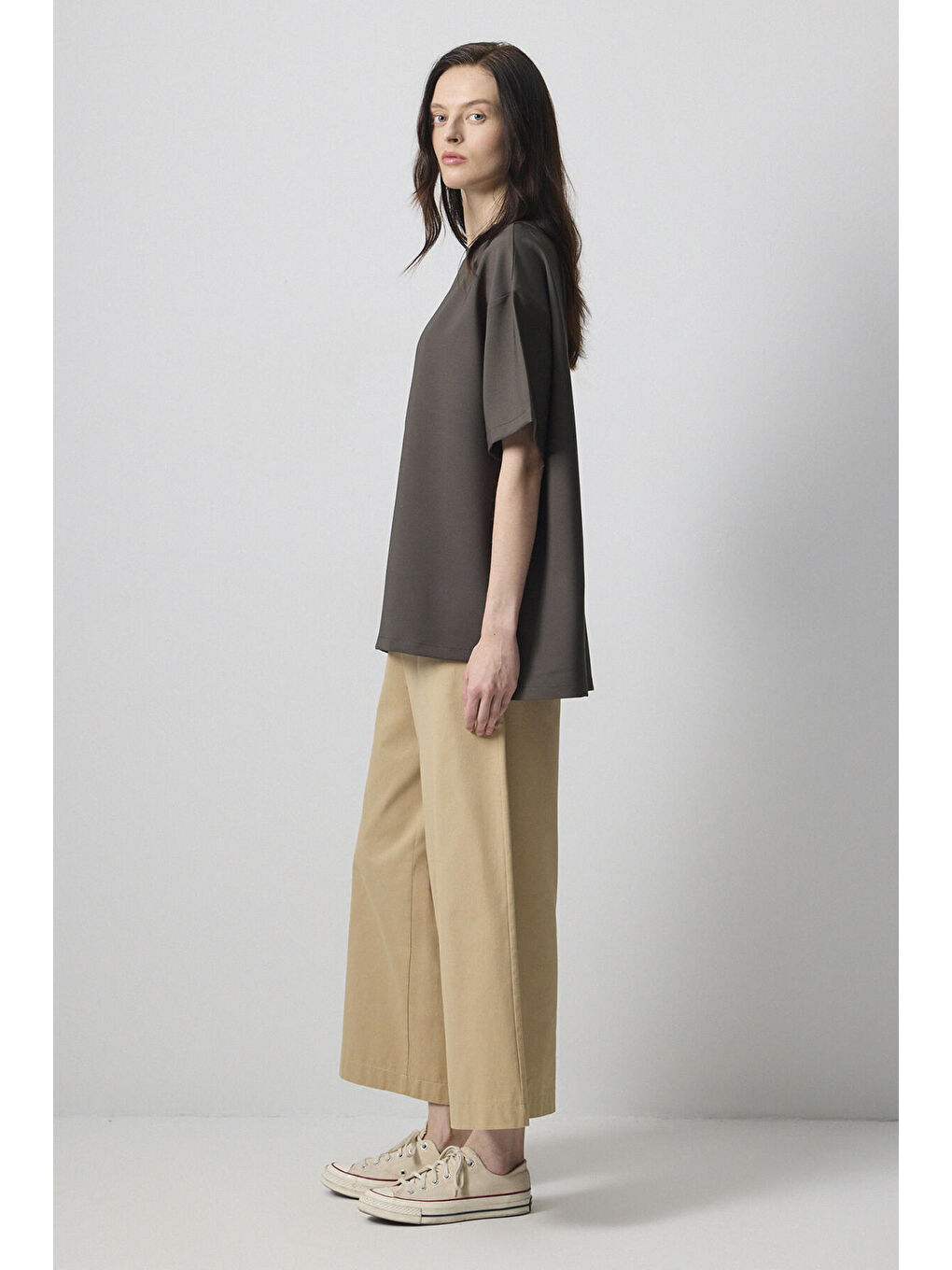 Haki Kısa Kollu Krep T-Shırt-2