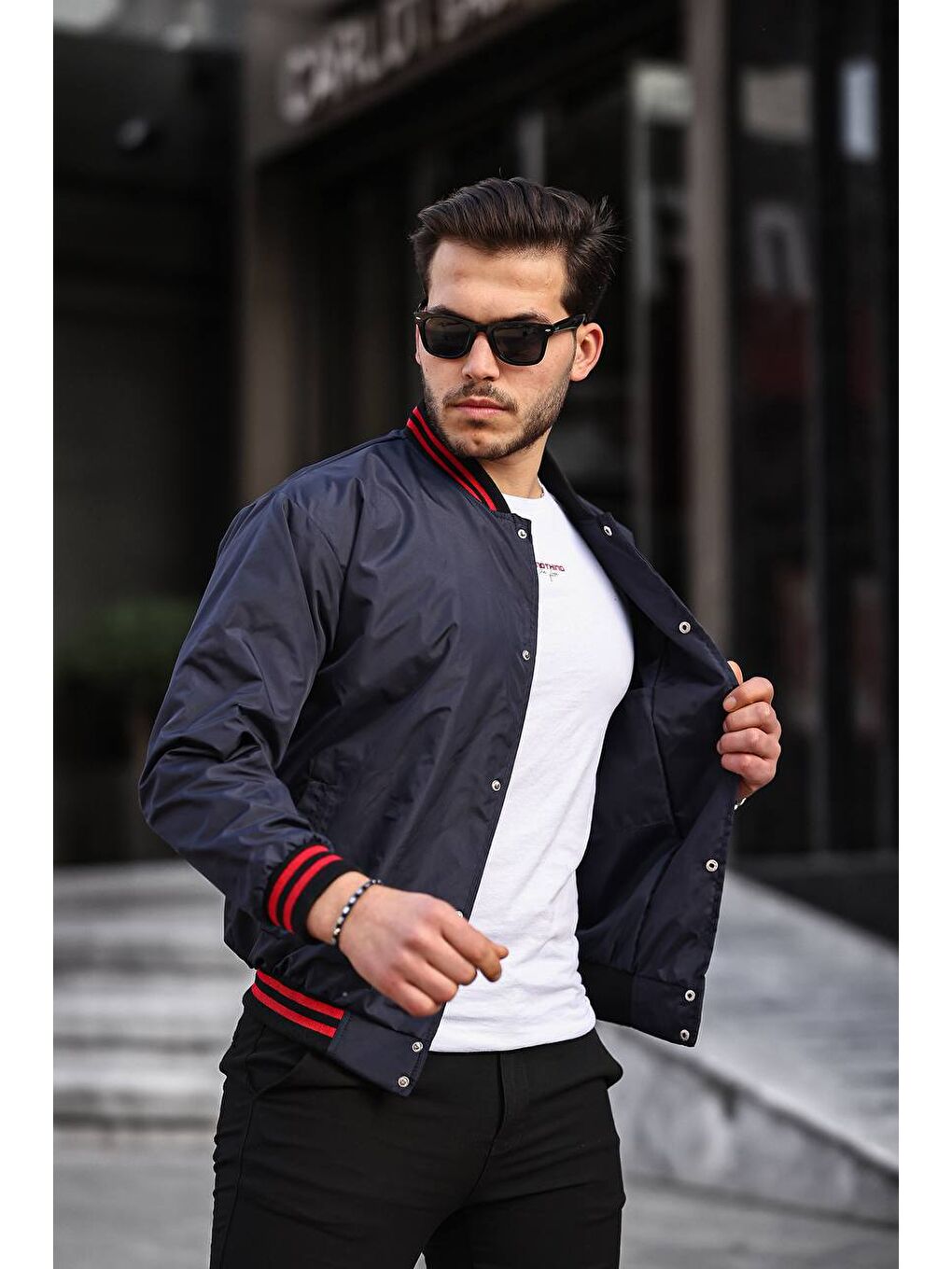 Erkek Baskılı Kapüşonlu Lacivert Kolej Ceket-1