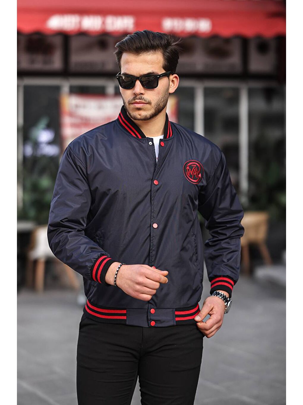 Erkek Baskılı Kapüşonlu Lacivert Kolej Ceket-2