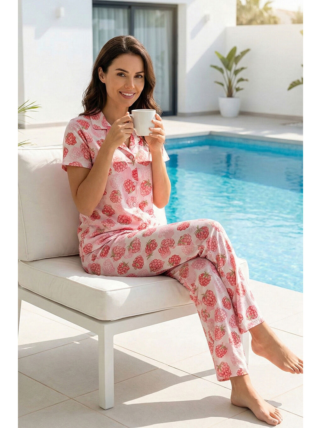 Kadın Kısa Kol Milan Kumaş Pijama Takımı 50101-2317 Lila-3