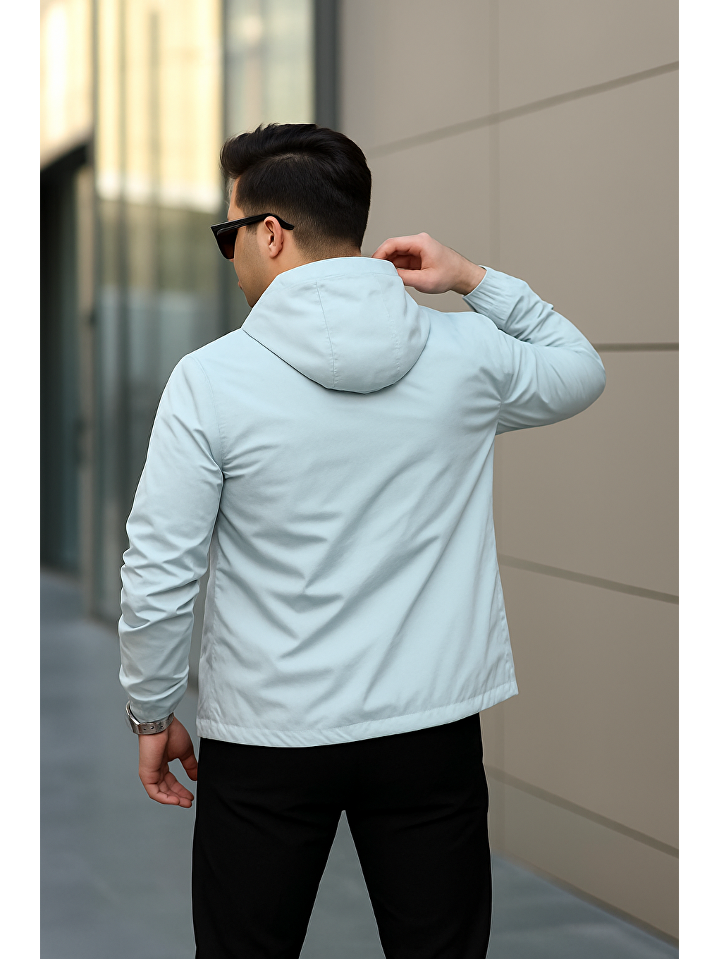 Erkek Fermuarlı Kapüşonlu Gri Rüzgarlık & Yağmurluk-1