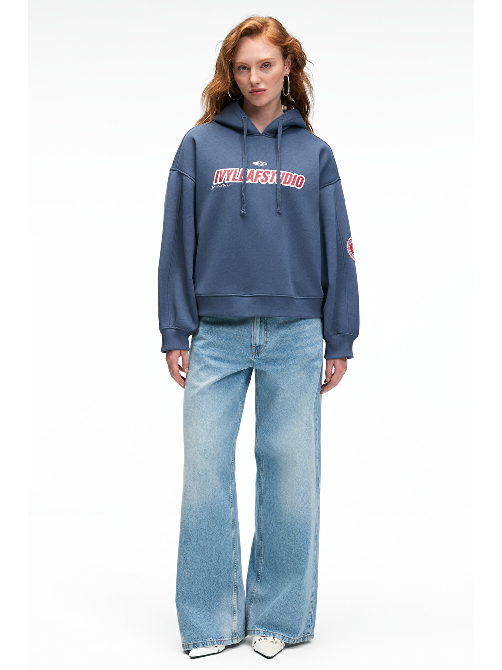 Rhovara Kadın Oversize Kapüşonlu Baskı Ve Nakış Detaylı Lacivert Sweatshirt-1