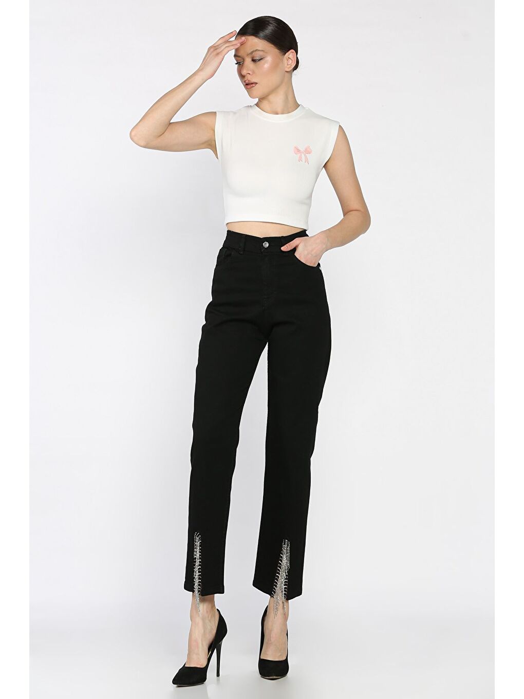 Siyah Paça Yırtmaçlı Elastanlı Kadın Jean Jean Pantolon-1