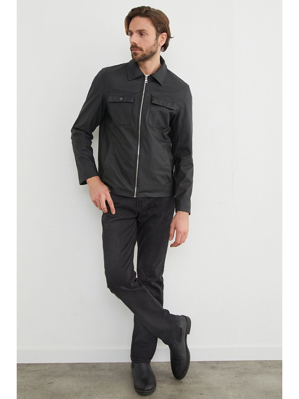 Siyah Cepli Suni Deri Ceket-1