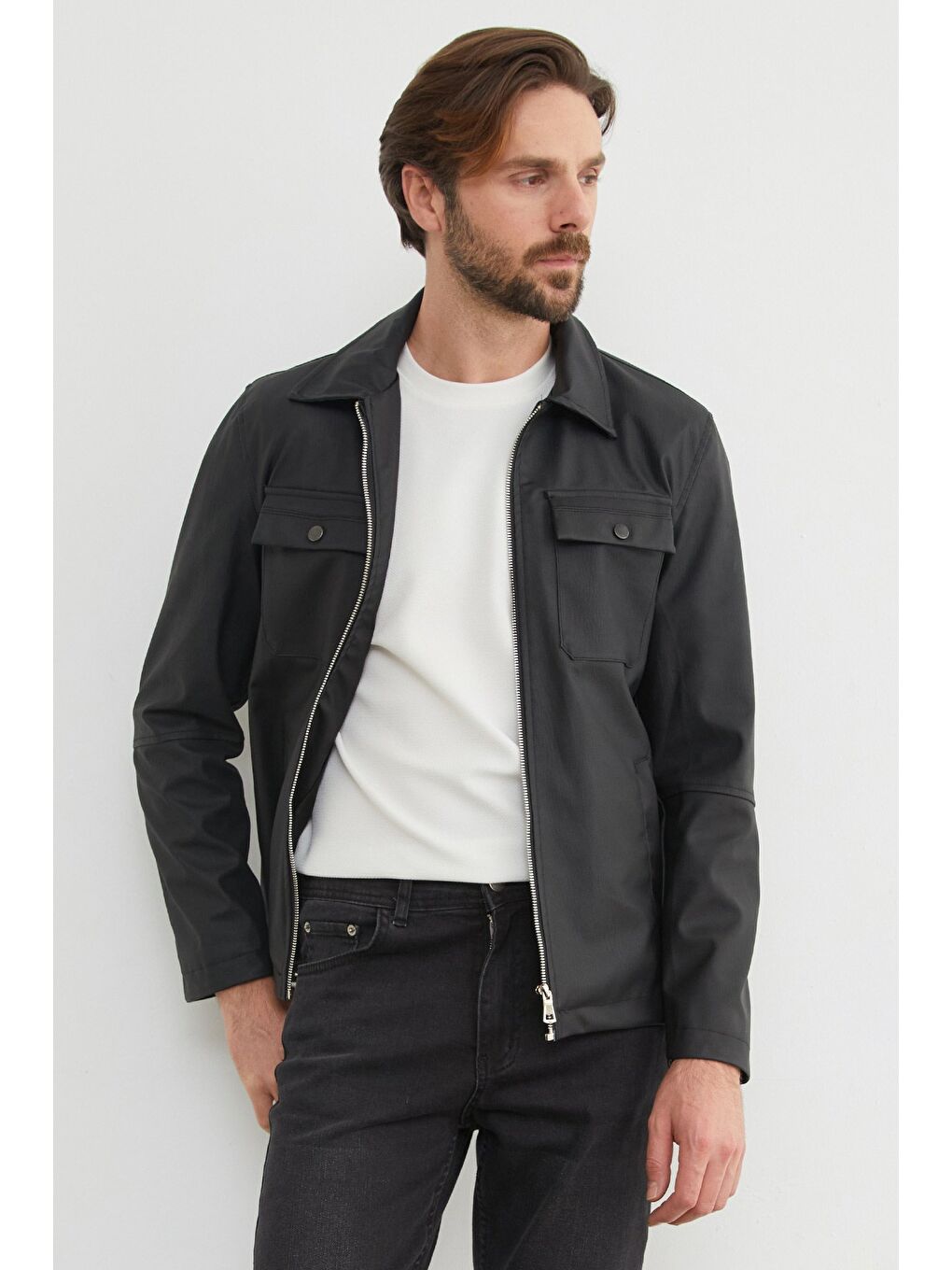 Siyah Cepli Suni Deri Ceket-3