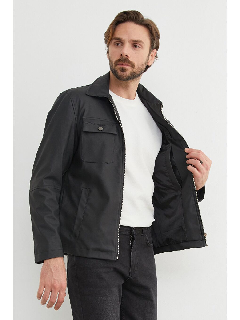 Siyah Cepli Suni Deri Ceket-4