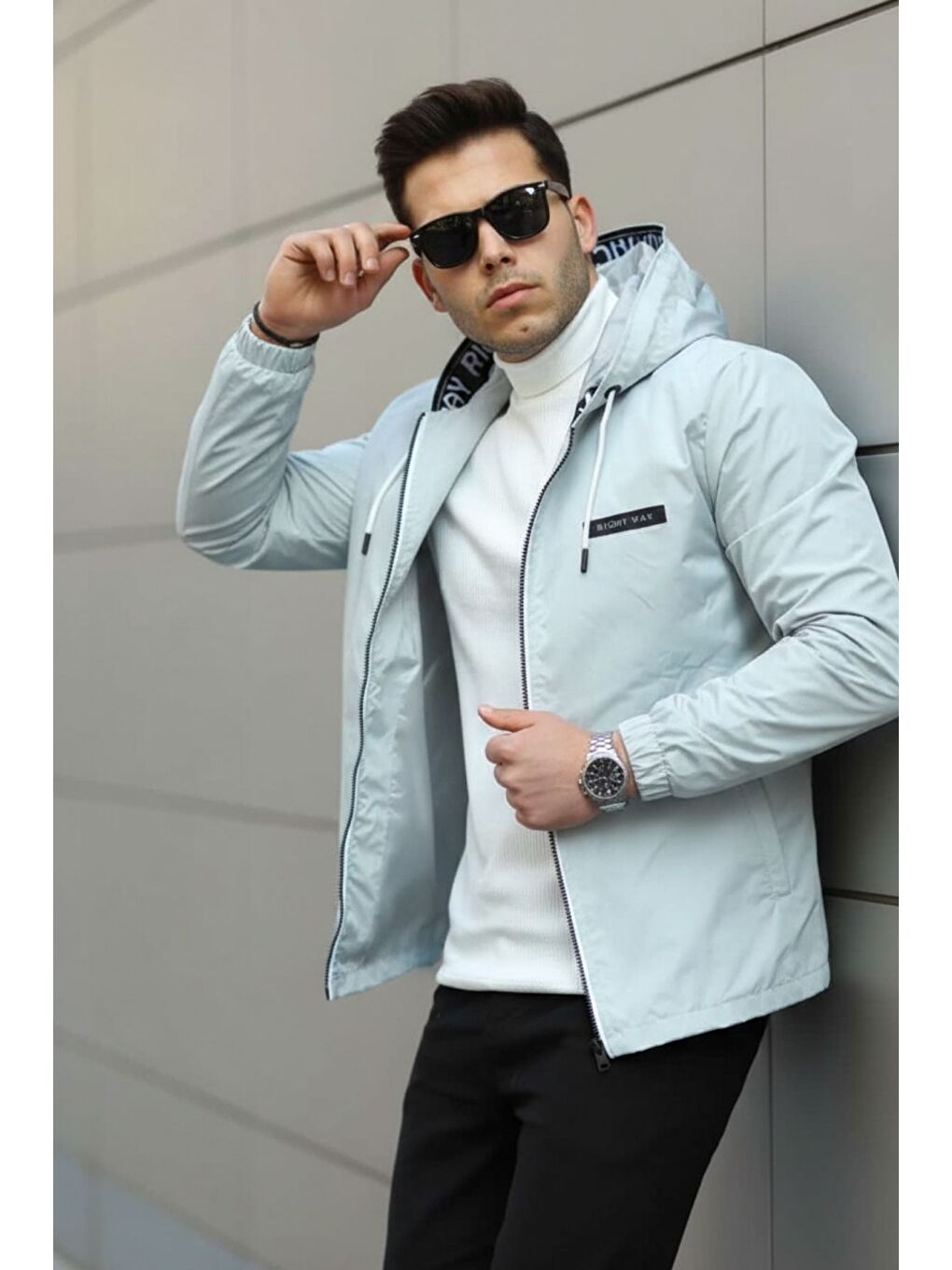 Erkek Fermuarlı Kapüşonlu Gri Rüzgarlık & Yağmurluk-2