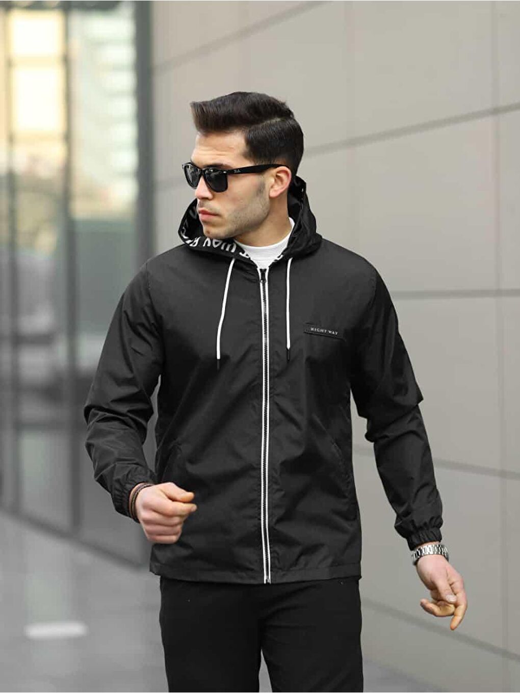 Erkek Fermuarlı Kapüşonlu Siyah Rüzgarlık & Yağmurluk-1