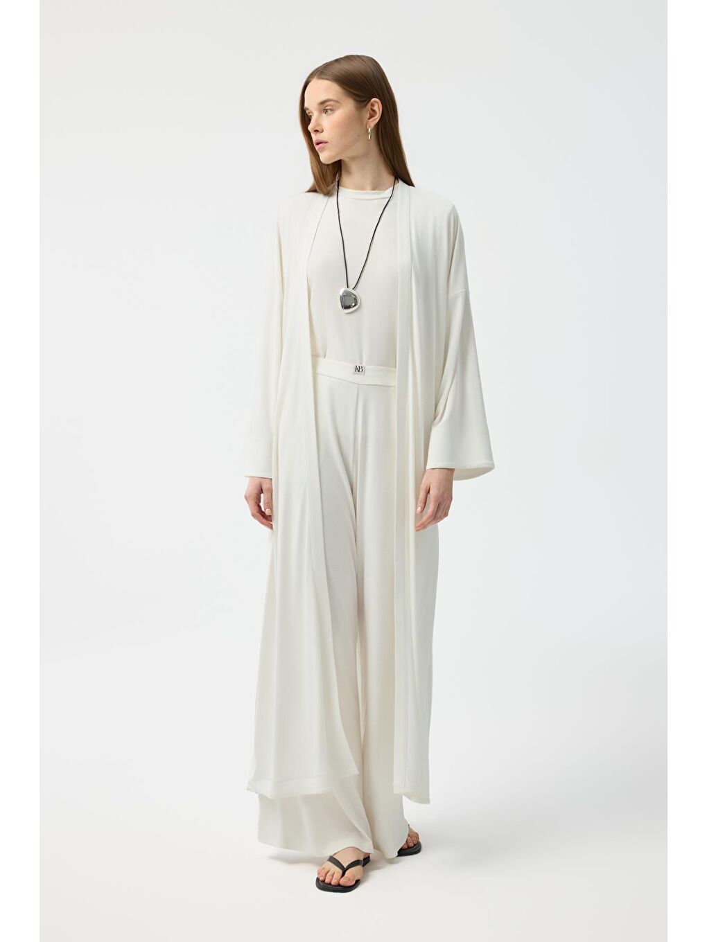 Modal Cupra Pantolon Bluz Abaya Takım Ekru-3