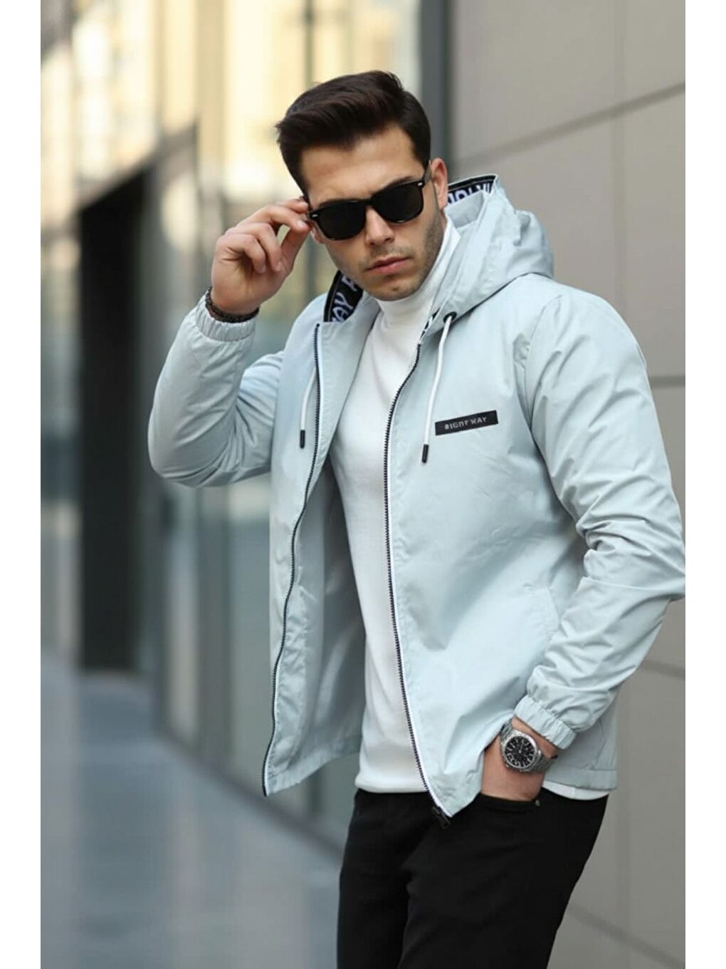 Erkek Fermuarlı Kapüşonlu Gri Rüzgarlık & Yağmurluk-3